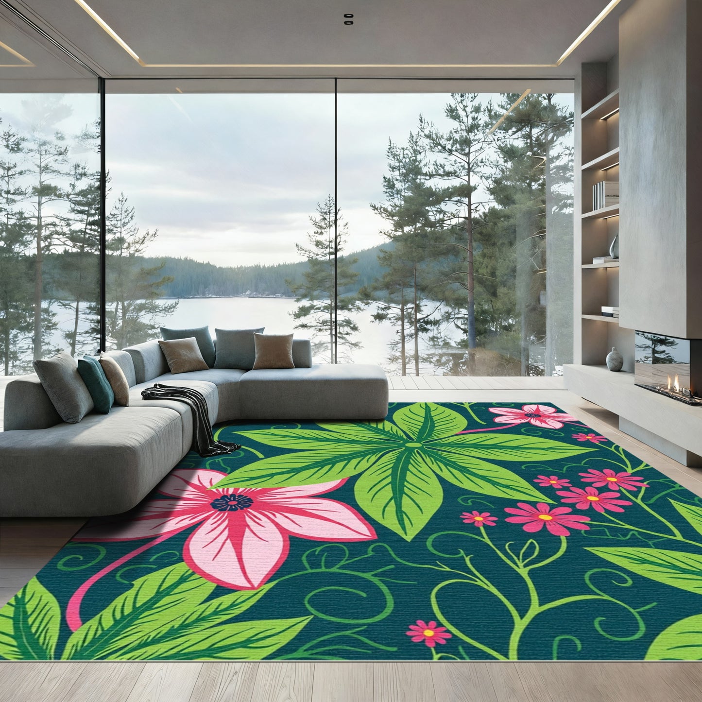 Vibrant Pink Floral Green Leafy Vines Rug