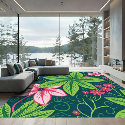 Vibrant Pink Floral Green Leafy Vines Rug