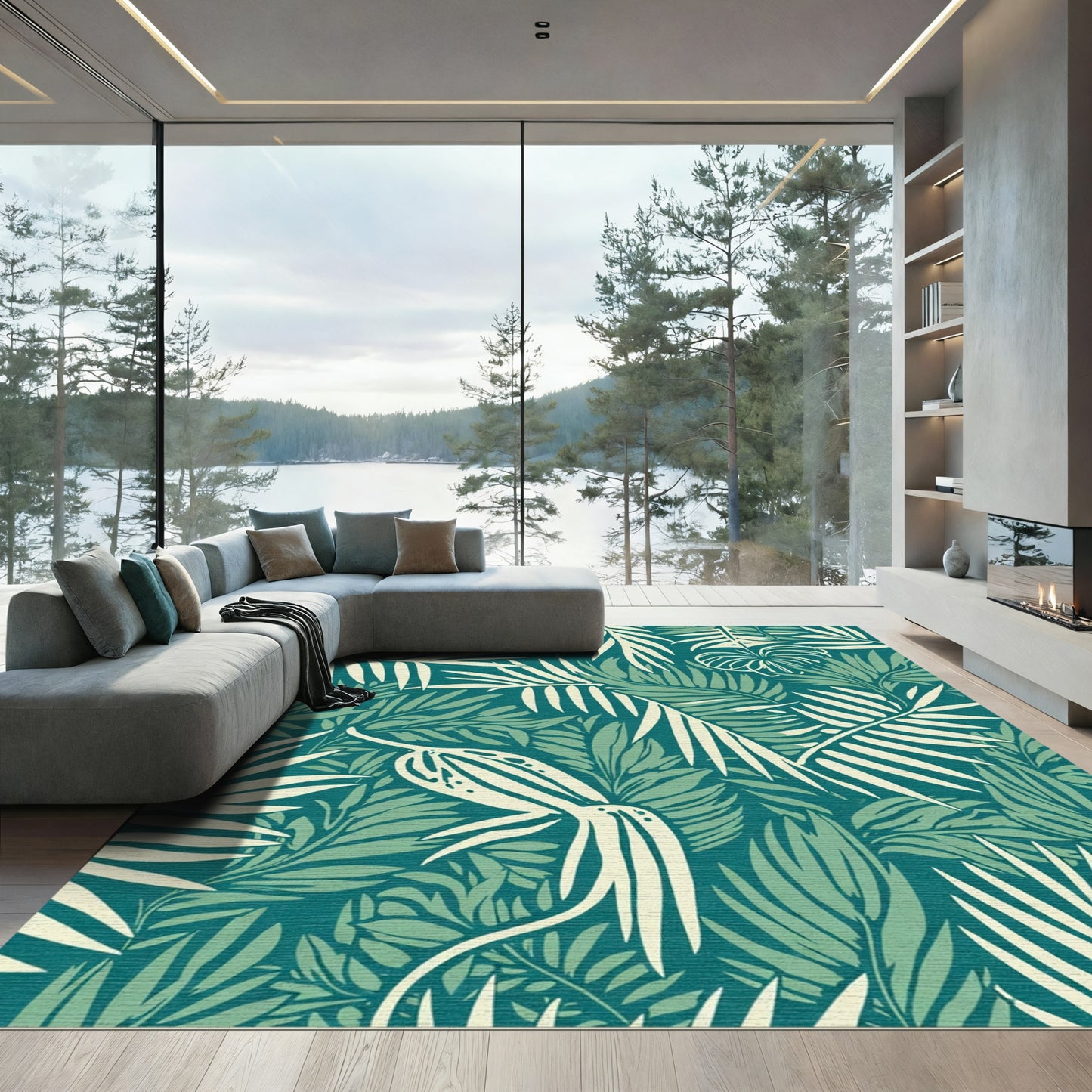 Teal Green Tropical Leaf Foliage Rug