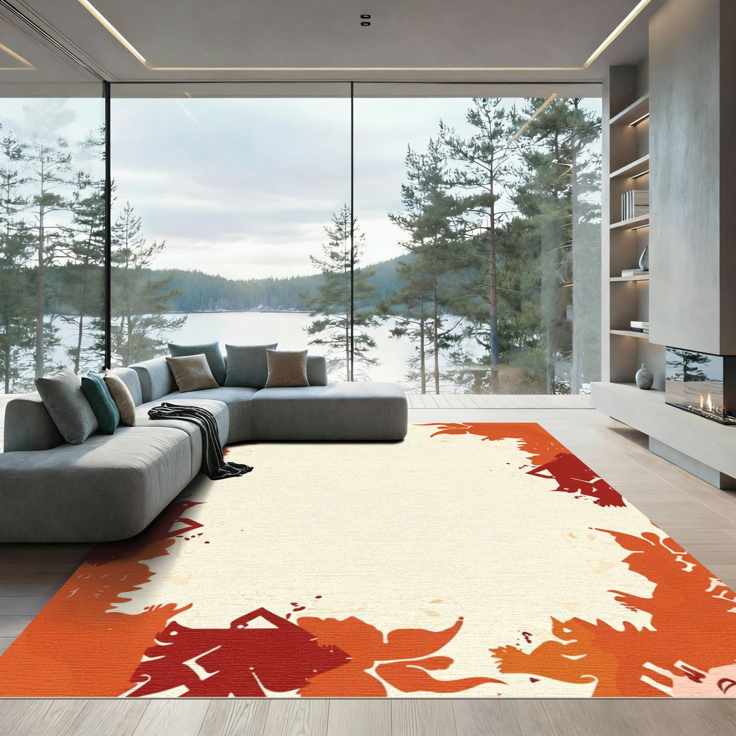 Crimson Orange Organic Shape Border Rug