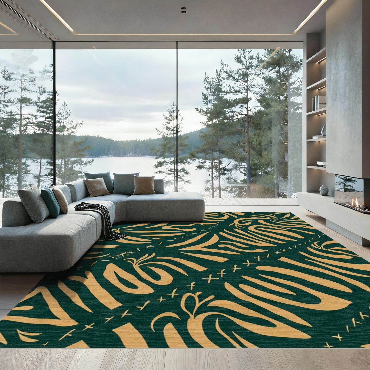 Emerald Golden Abstract Swirl Rug
