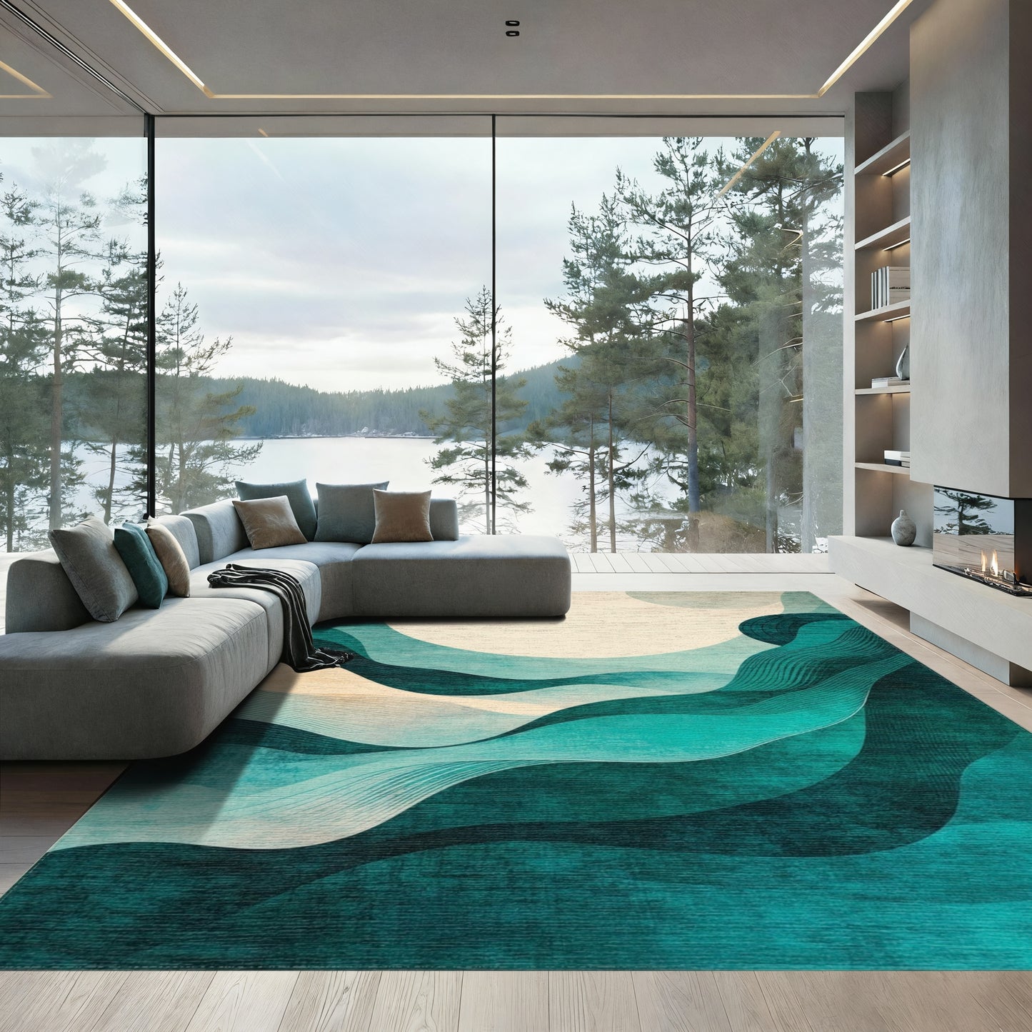 Teal Wavy Moon Abstract Rug