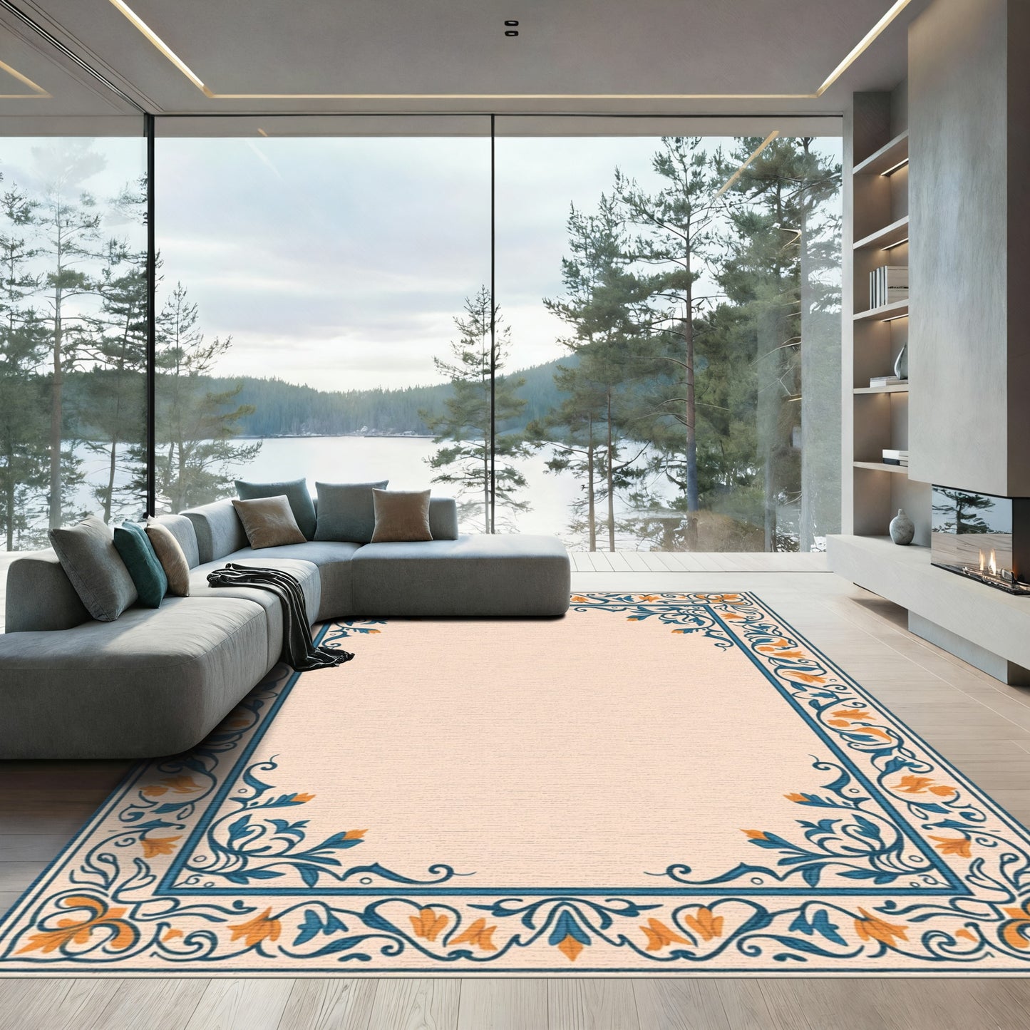 Elegant Floral Border Blue Orange Rug