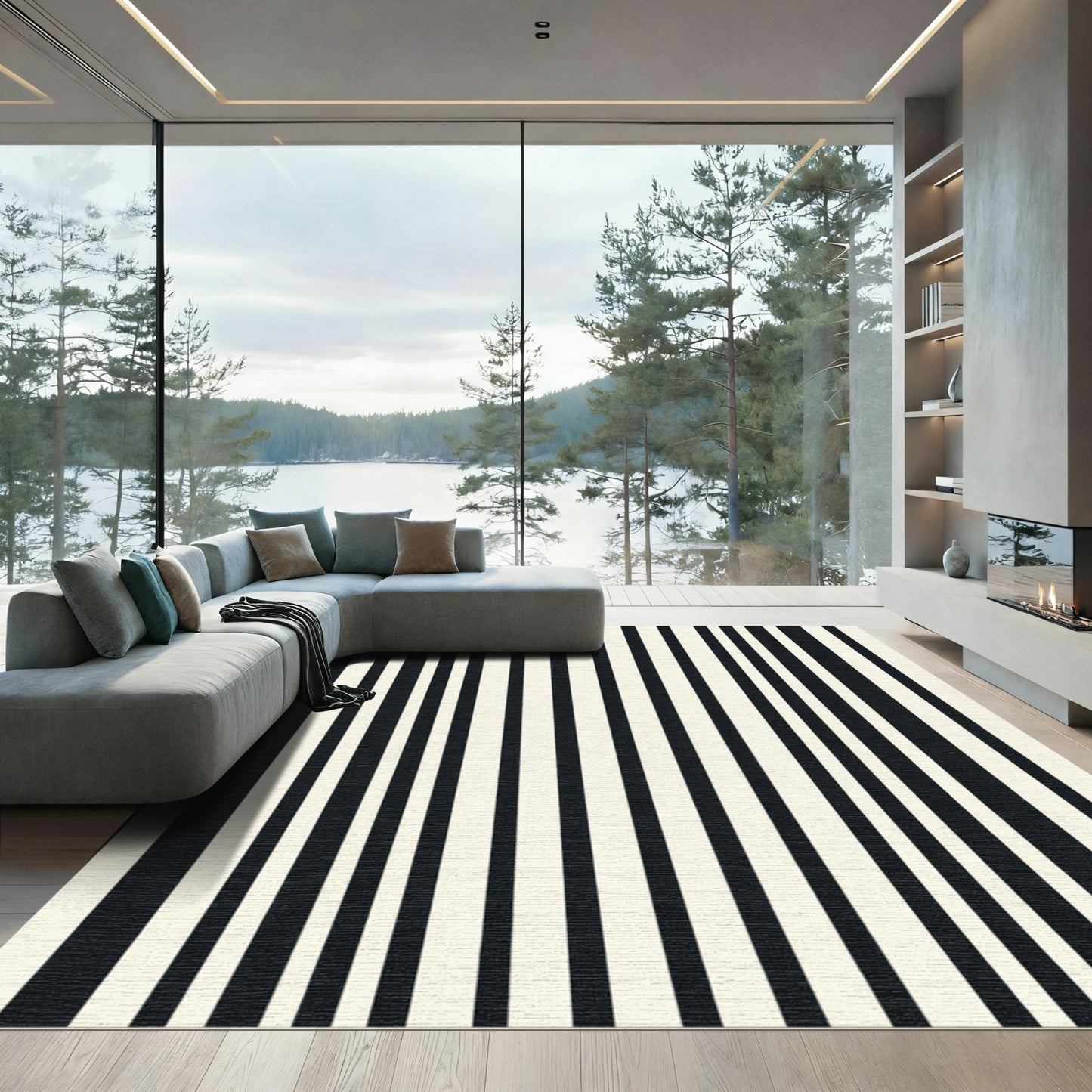 Contrasting Black Cream Vertical Lines Rug
