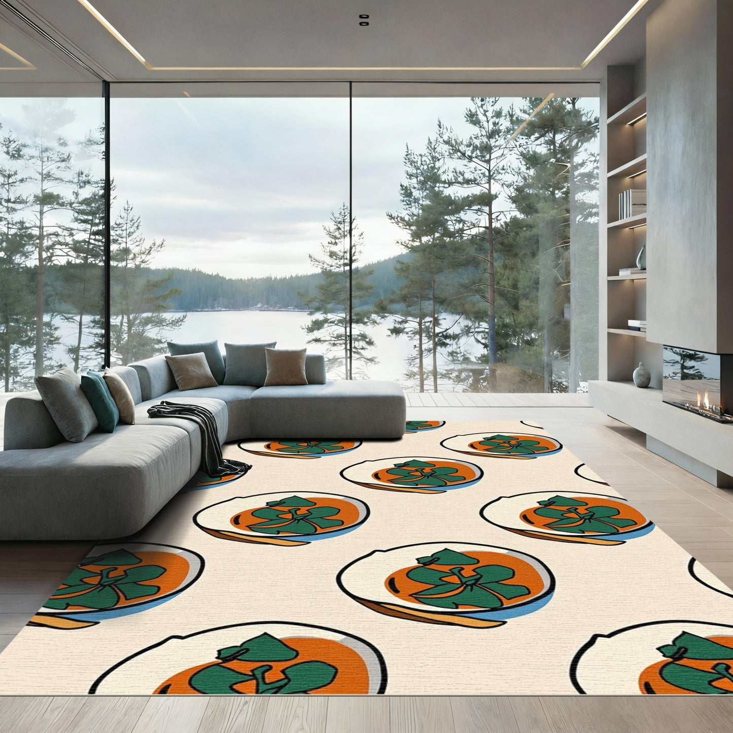 Orange Green Leaf Bowl Repeat Rug