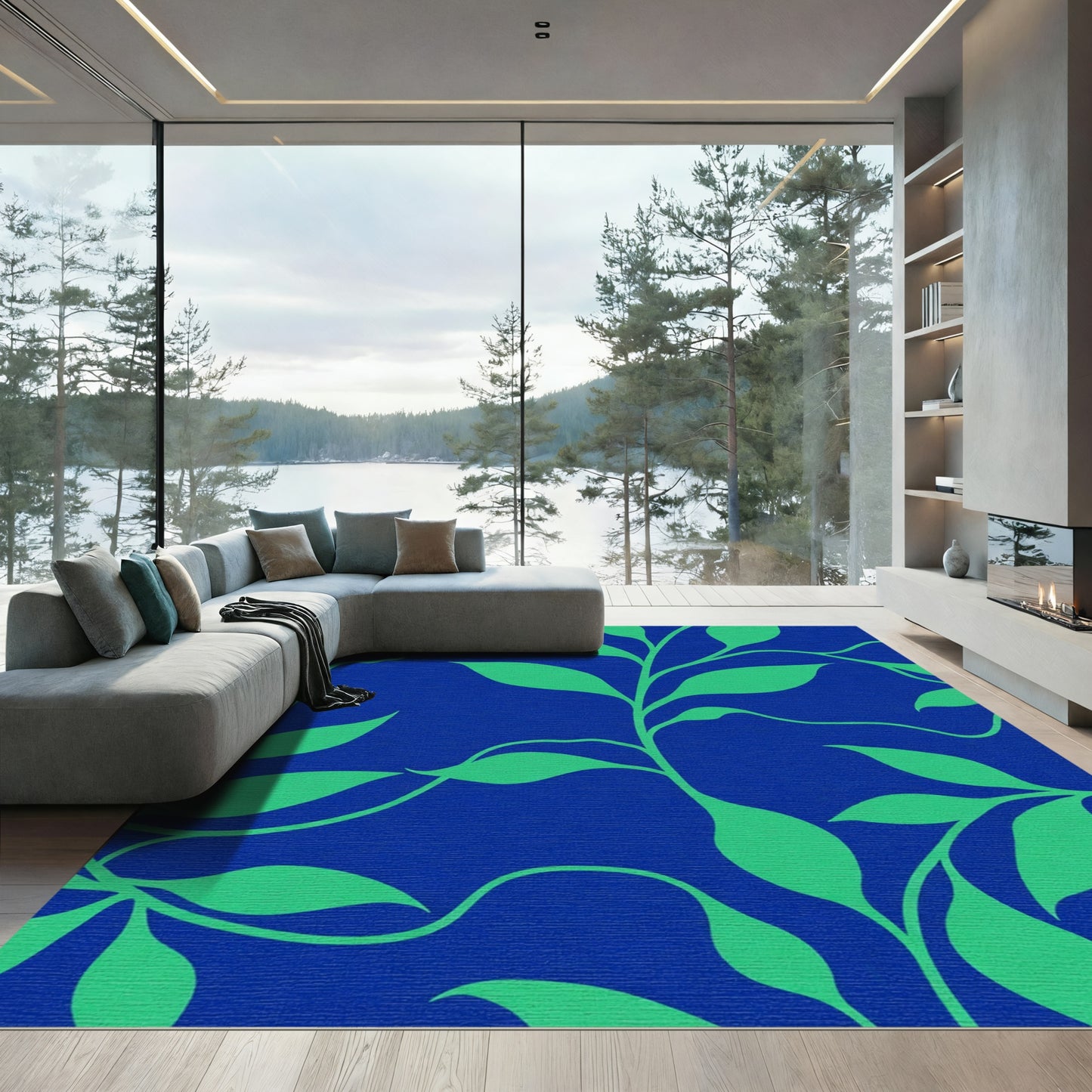 Vibrant Green Leafy Vines Royal Blue Rug