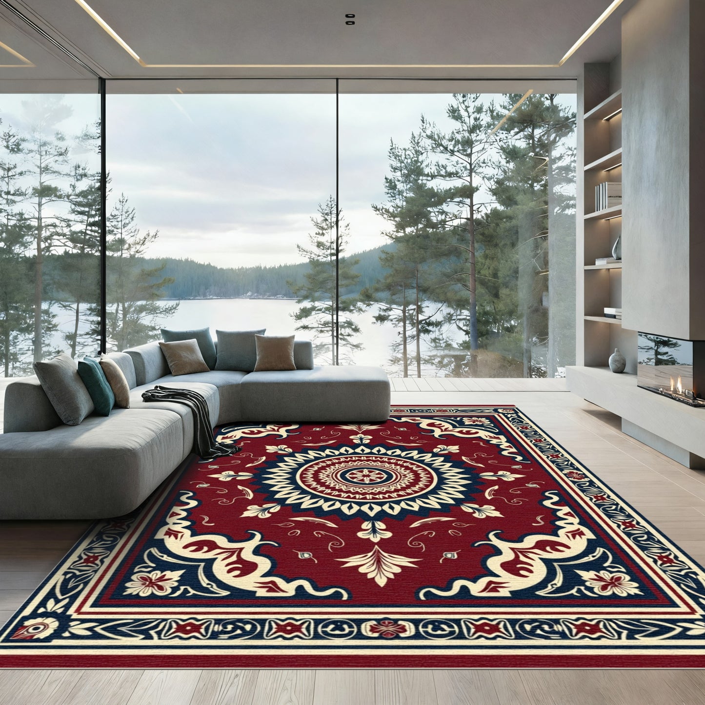 Crimson Cream Navy Medallion Frame Rug