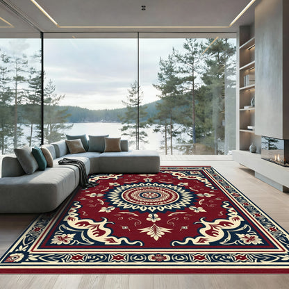Crimson Cream Navy Medallion Frame Rug