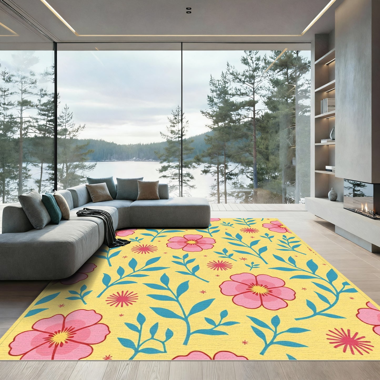 Pink Bloom Garden Yellow Blue Rug