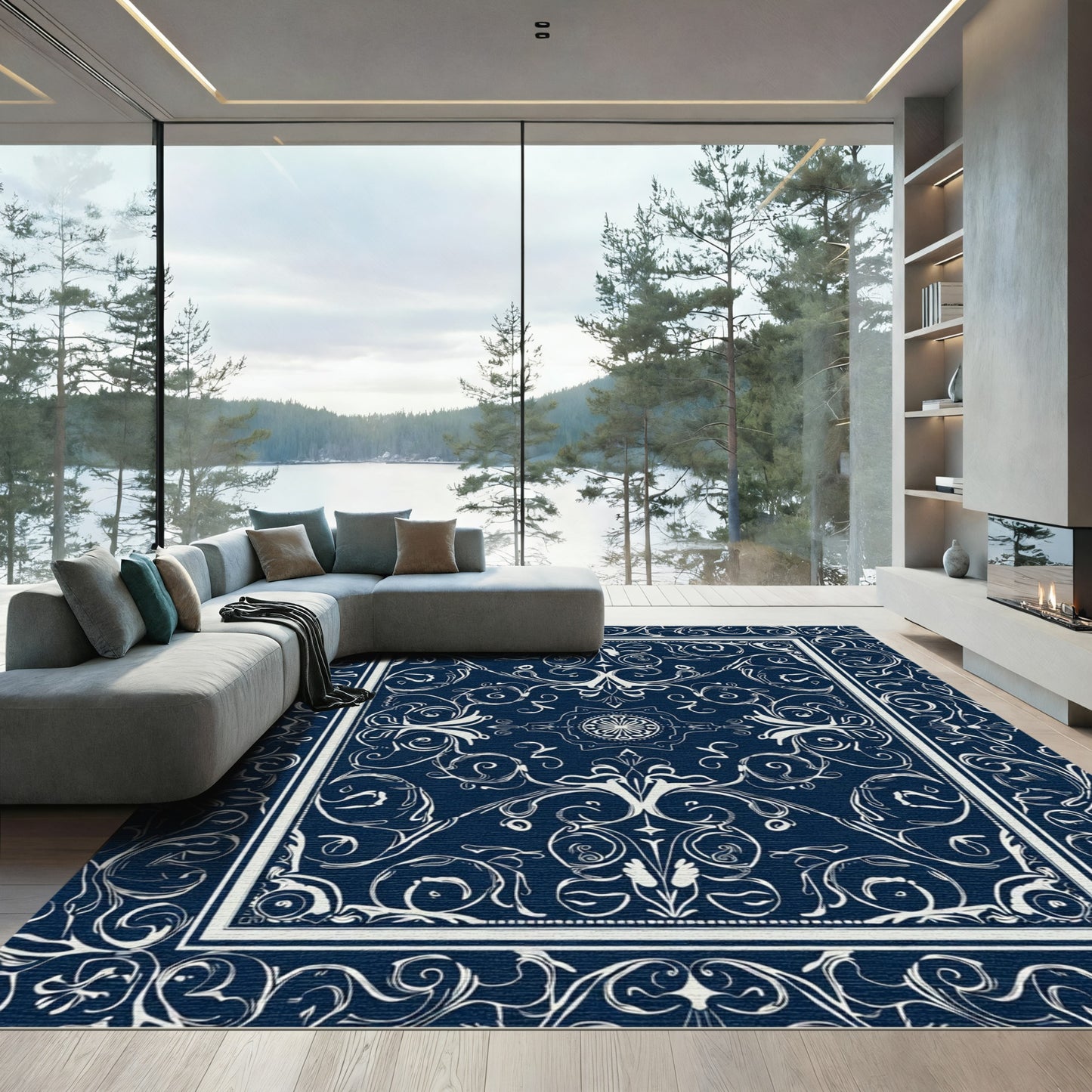 Deep Blue White Scrollwork Floral Medallion Rug