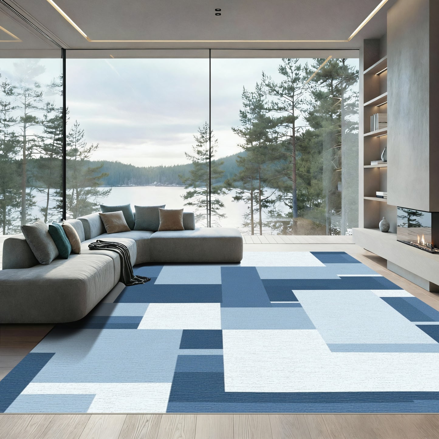 Abstract Blue Geometric Interlocking Blocks Rug