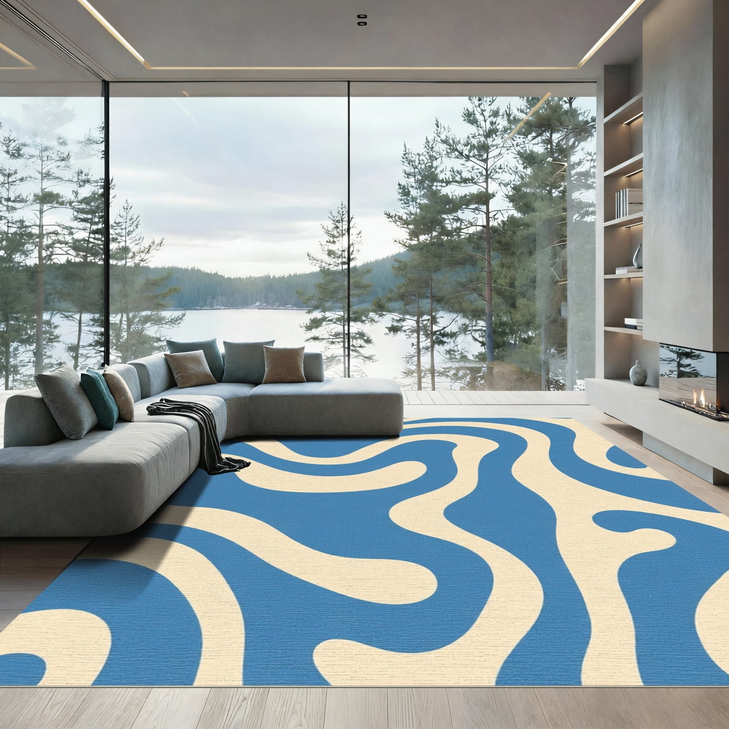 Mid Century Blue Fluid Swirl Rug