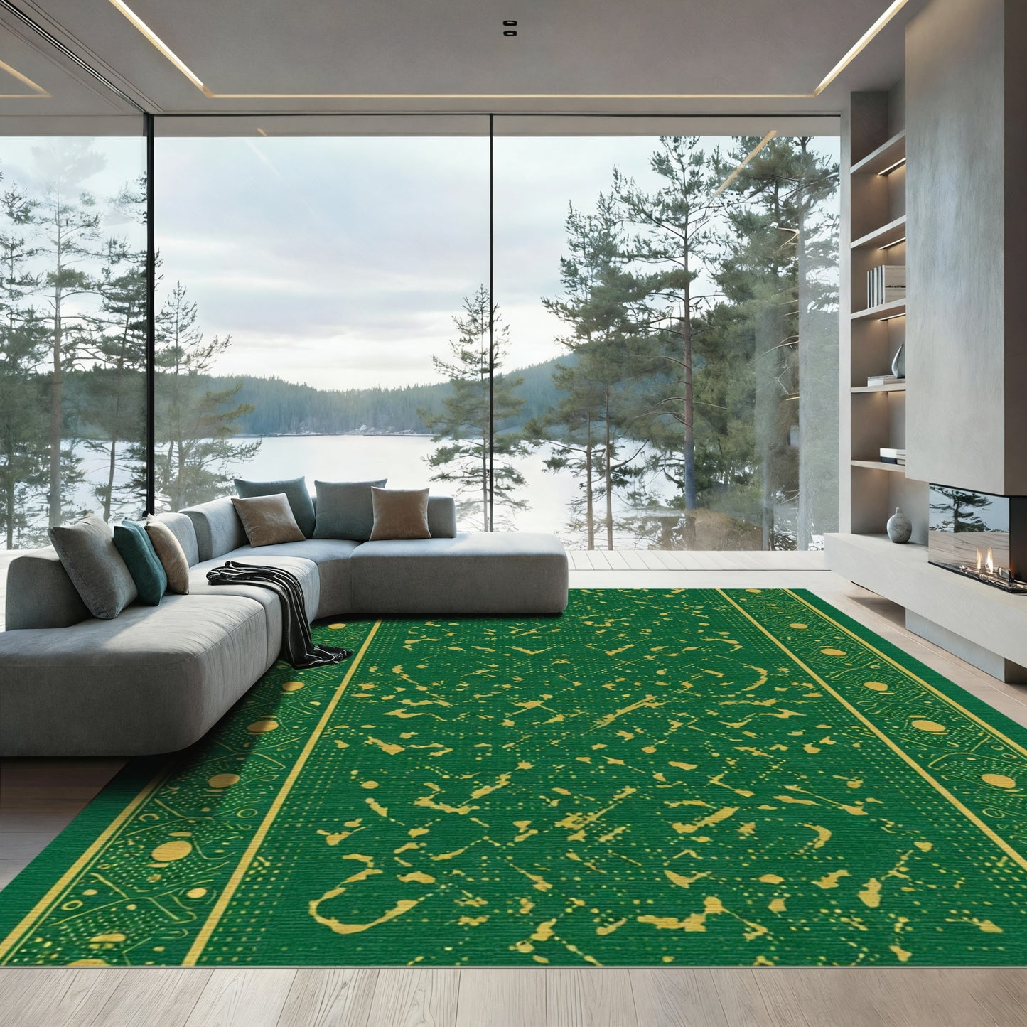Emerald Green Golden Medallion Border Rug