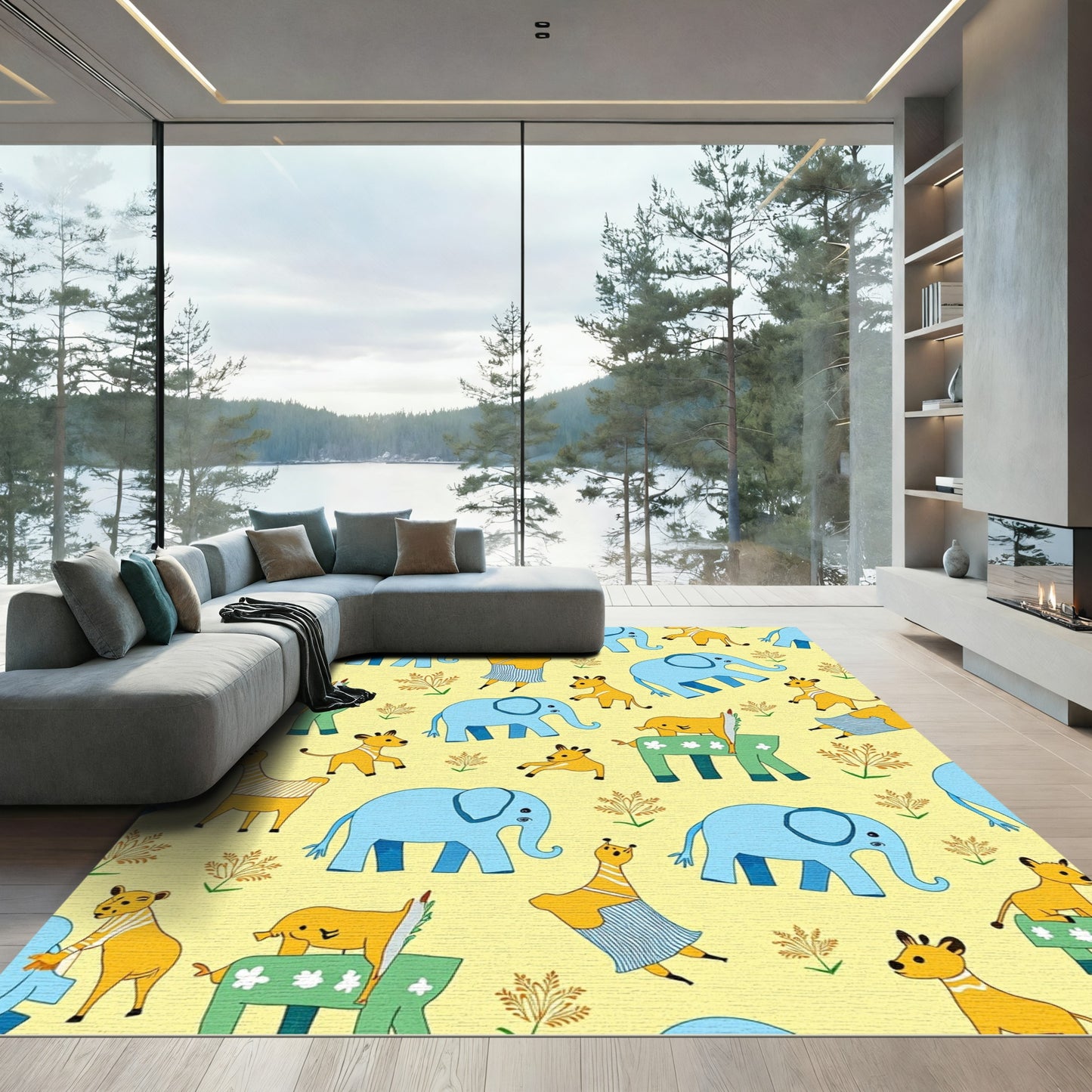 Whimsical Yellow Giraffe Elephant Safari Rug