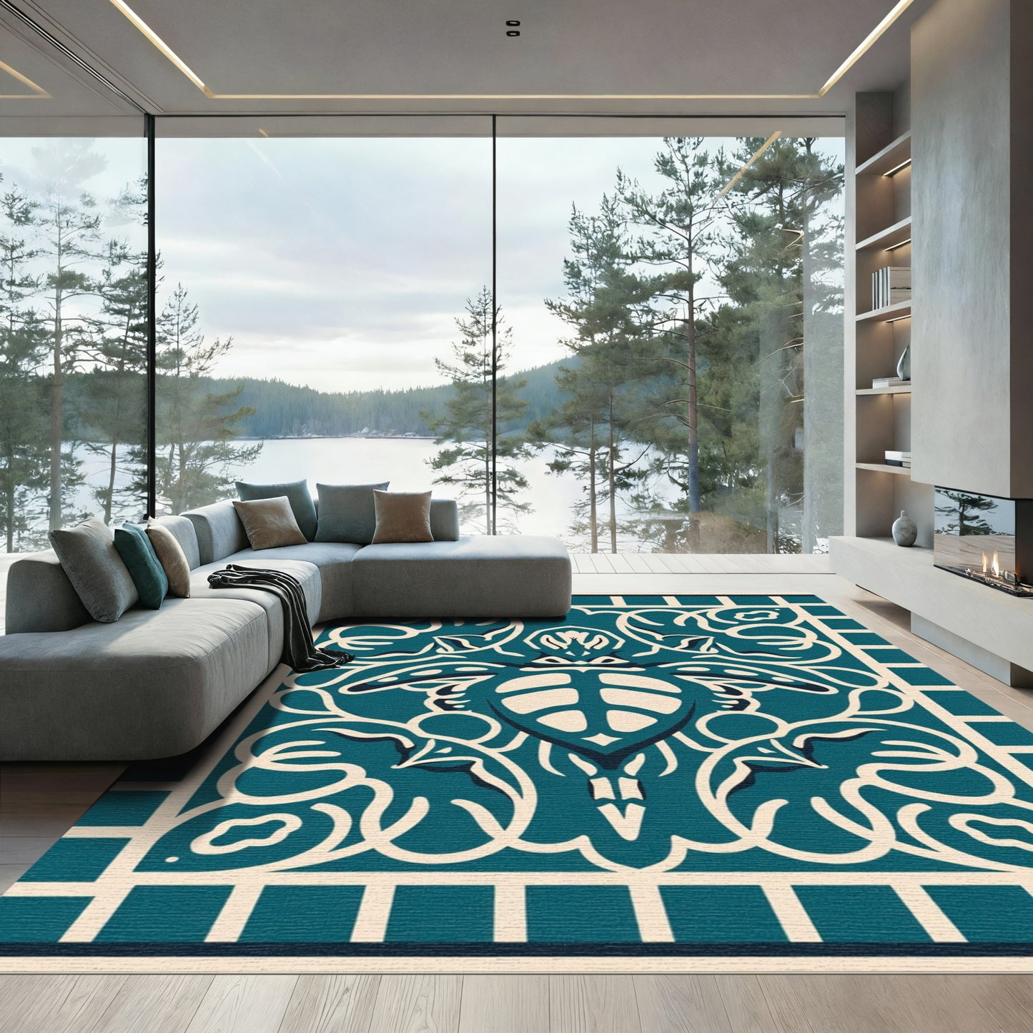Teal Cream Turtle Arabesque Scroll Rug