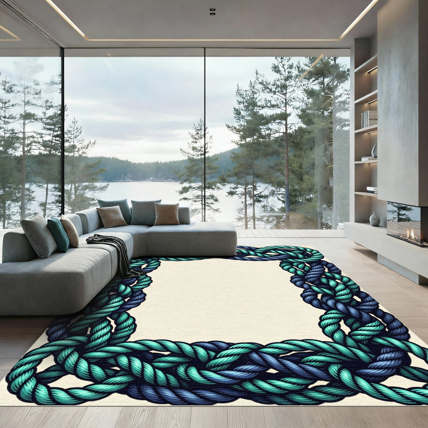 Blue Teal Twisted Rope Border Rug