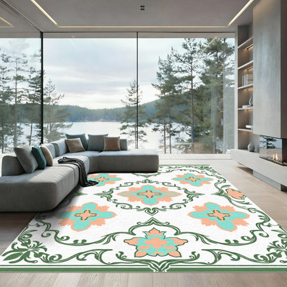 Salmon Teal Floral Scroll Border Rug