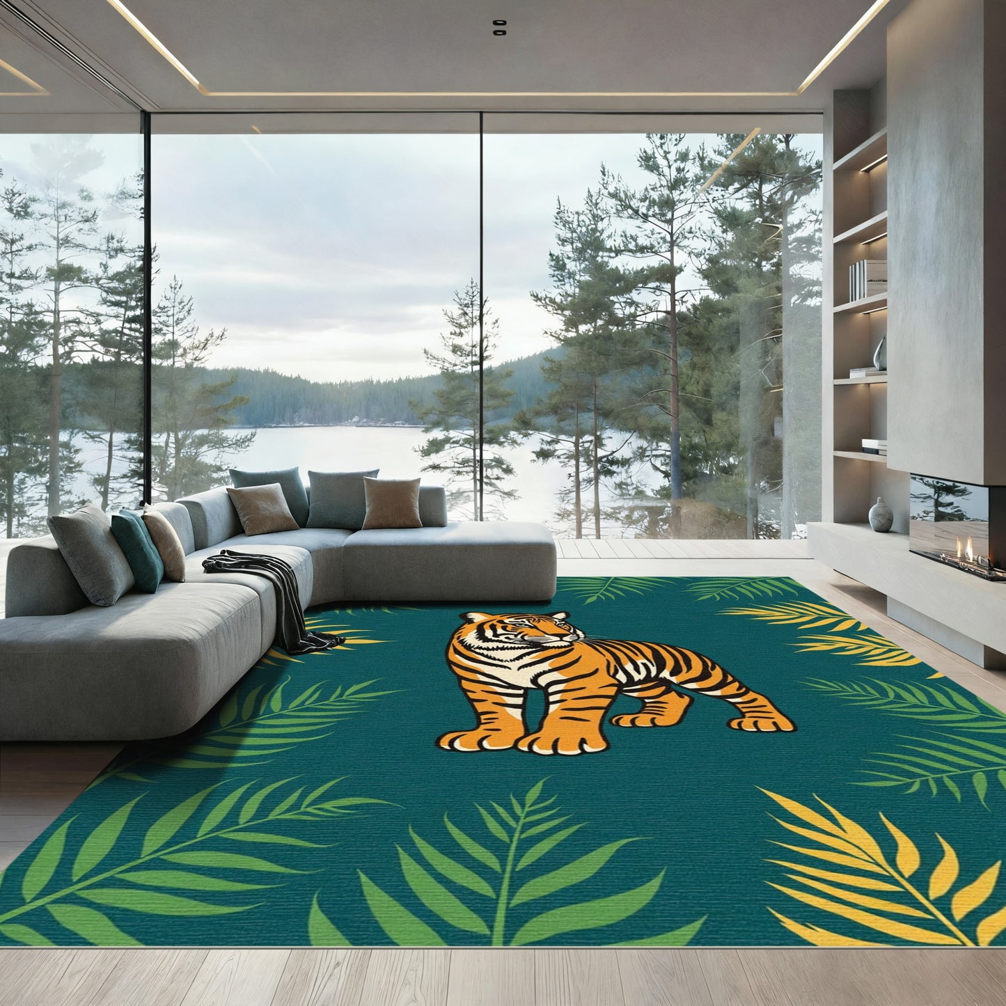 Bold Tiger Amidst Tropical Leaves Rug