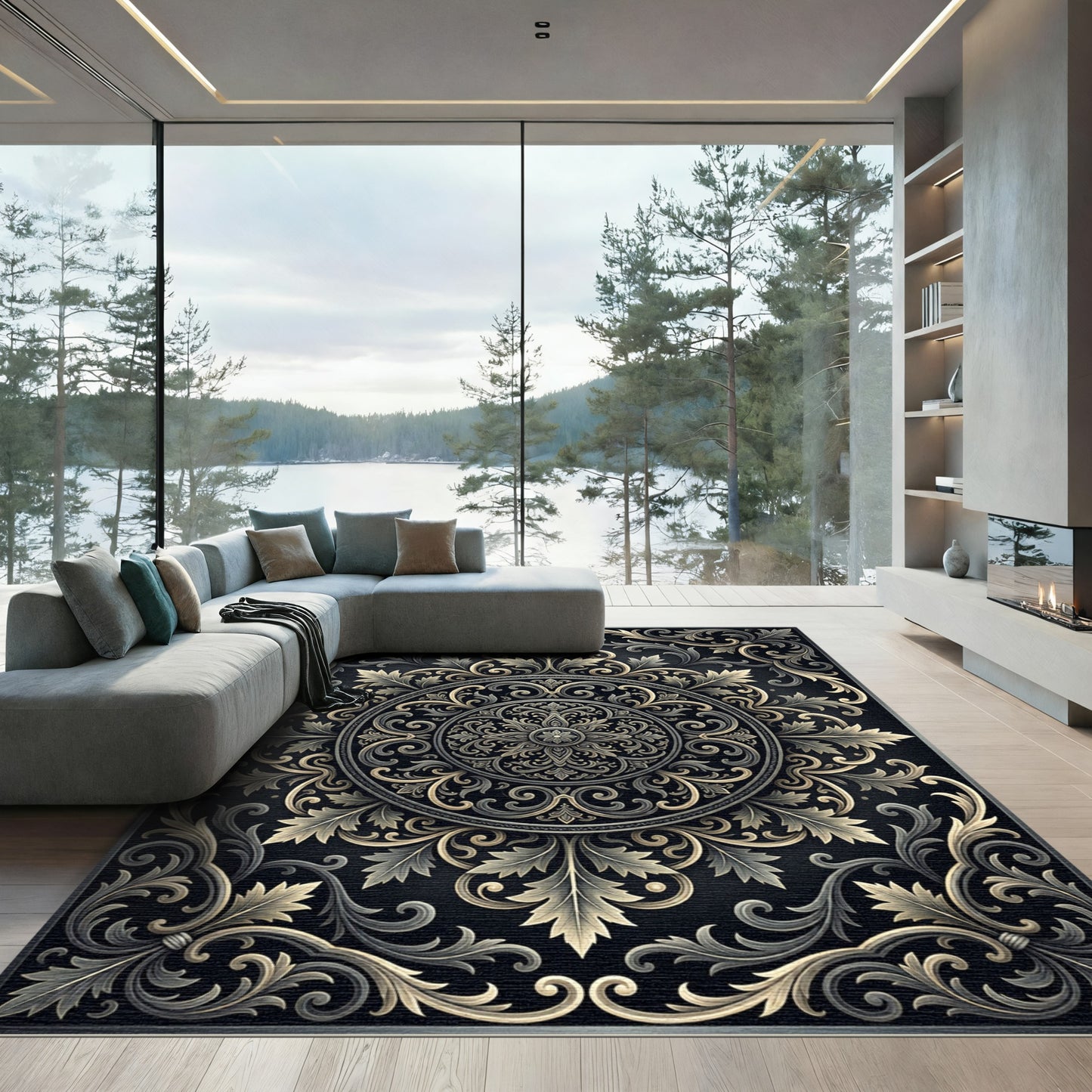 Elegant Black Gold Scroll Medallion Rug