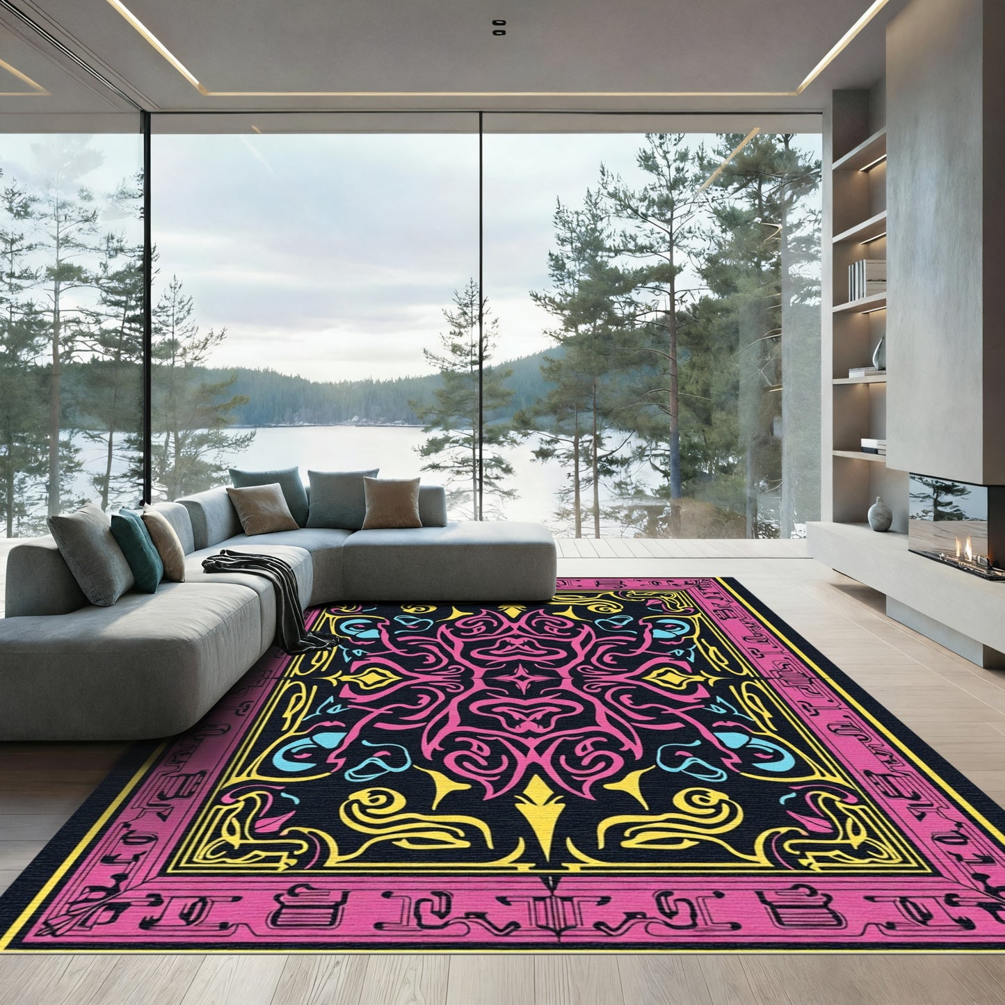 Bold Pink Yellow Abstract Swirls Rug