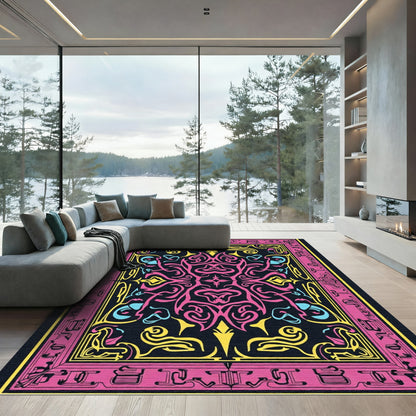 Bold Pink Yellow Abstract Swirls Rug