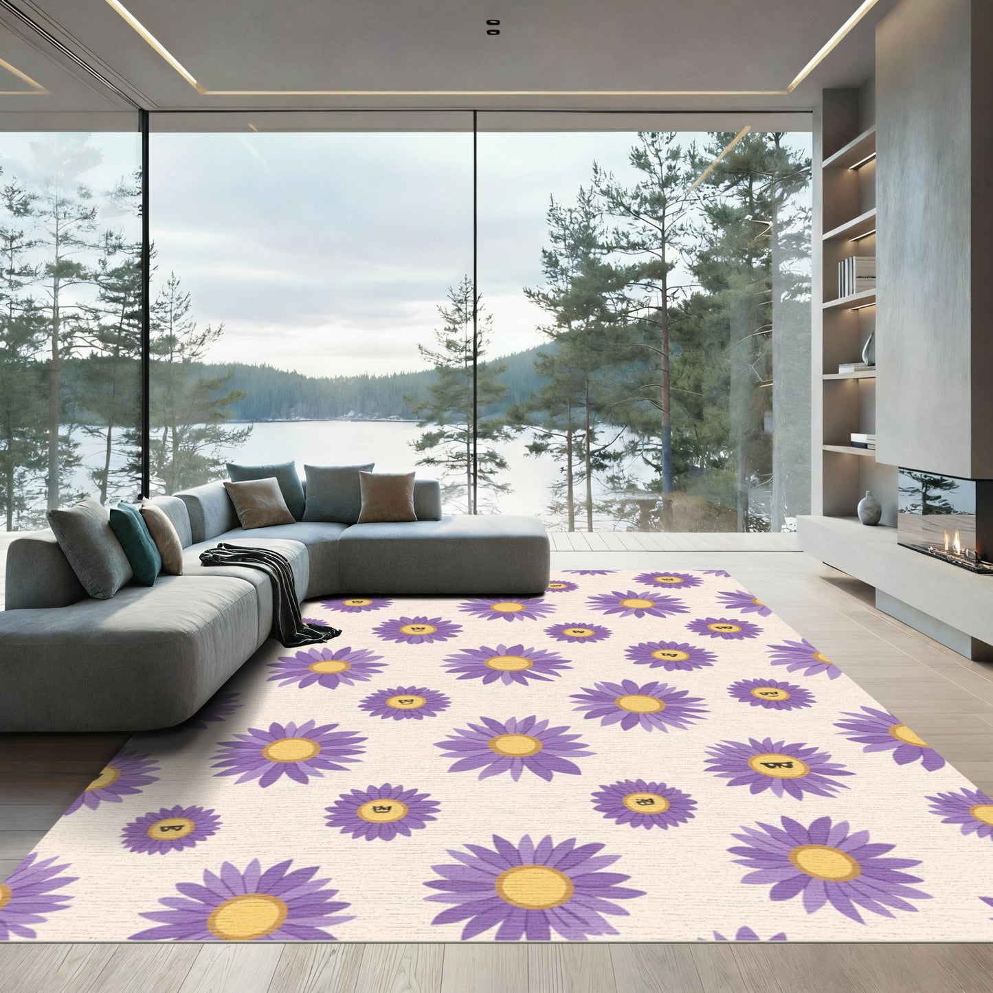 Purple Smiley Daisy Flower Scatter Rug