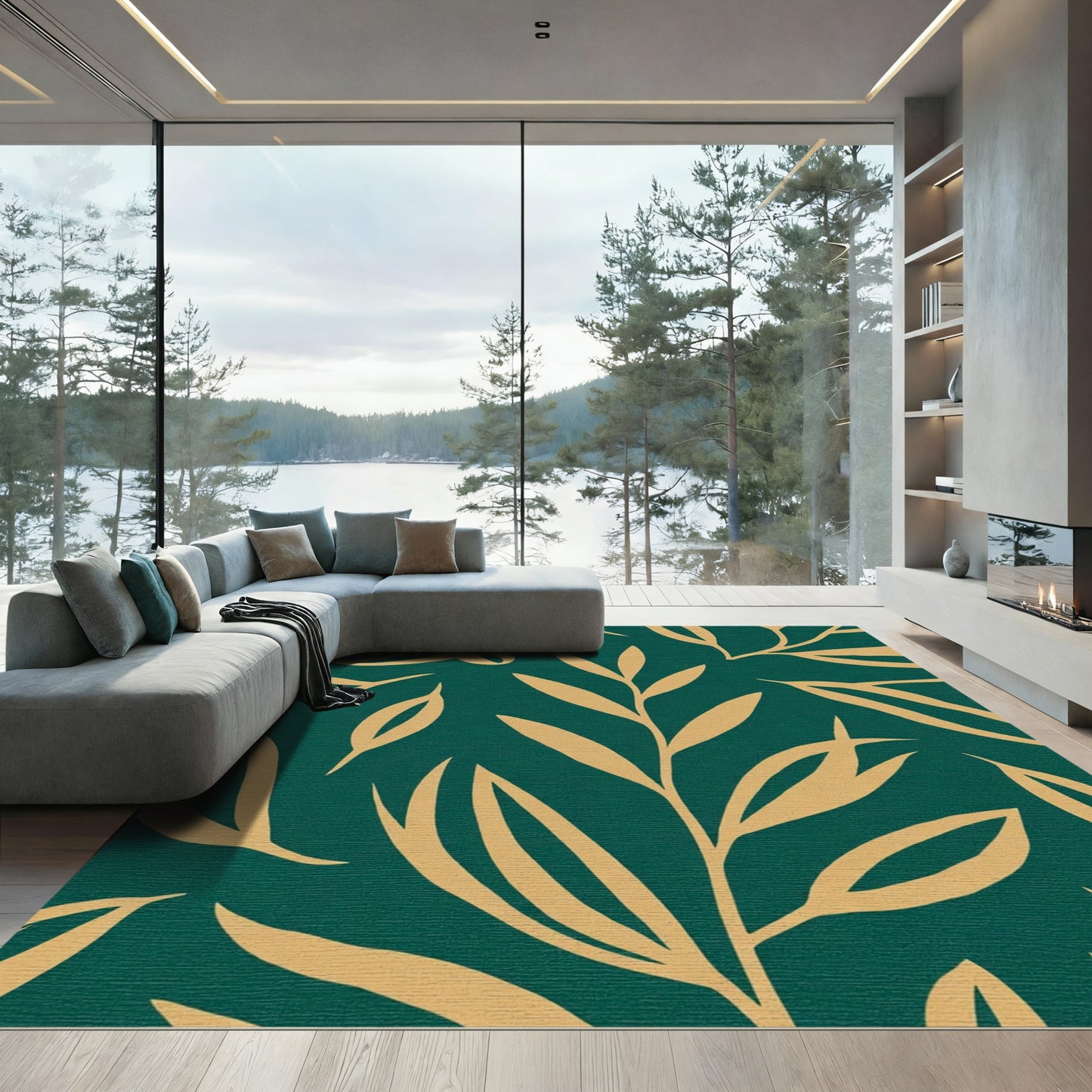 Golden Botanical Branches Emerald Backdrop Rug