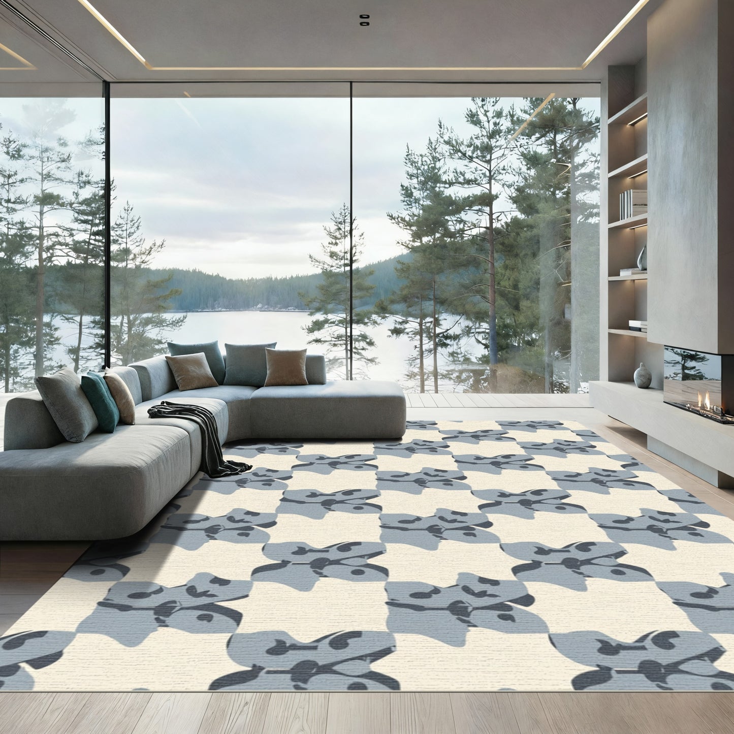 Cool Gray Abstract Checkerboard Motif Rug