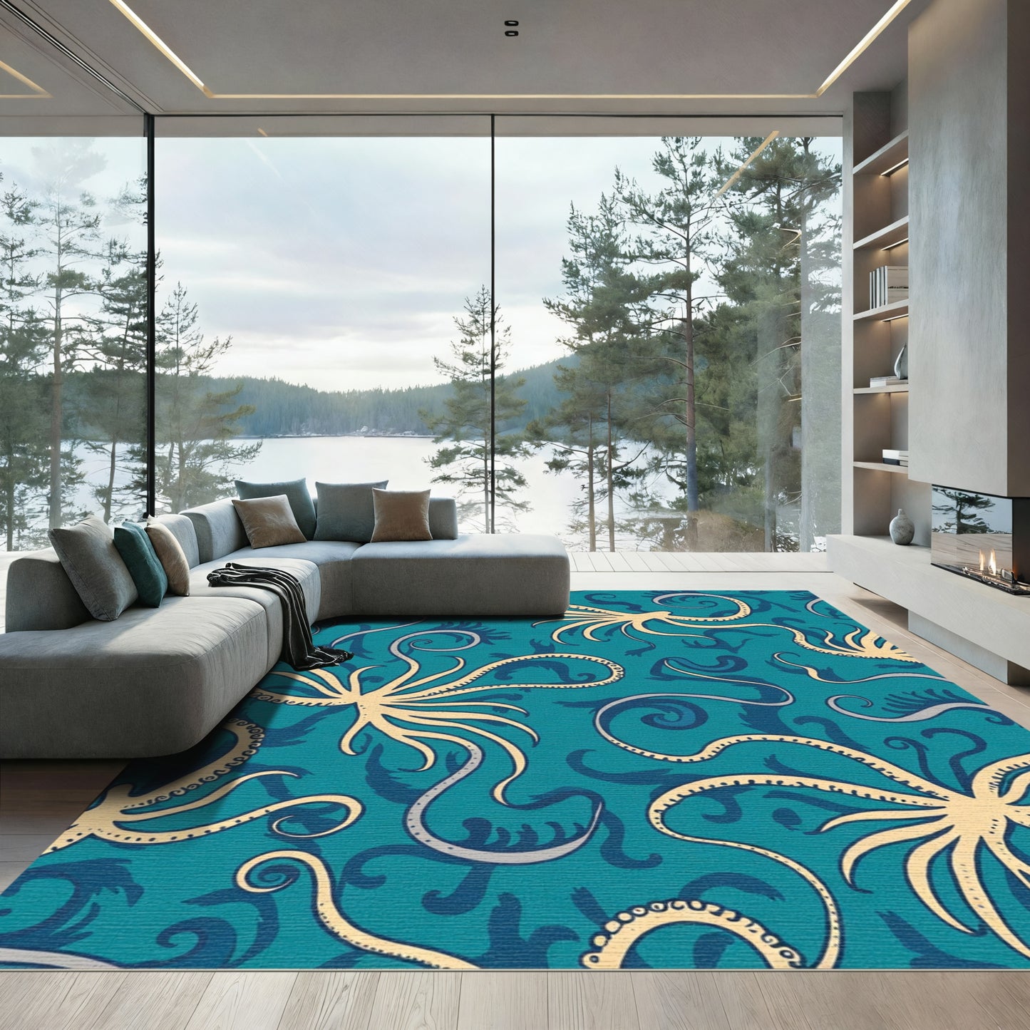 Teal Cream Octopus Swirl Render Rug