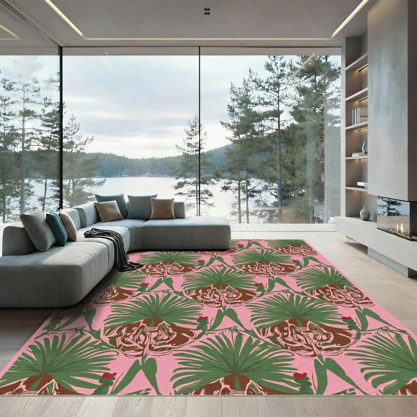 Pink Green Palm Leaf Medallion Rug