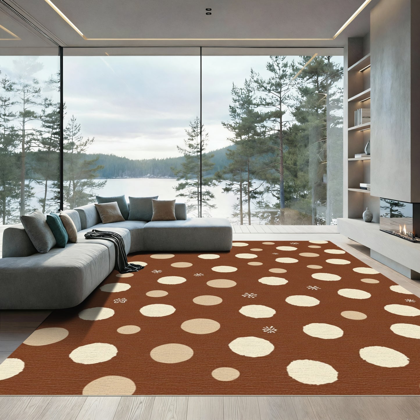 Brown Cream Polka Dot Snowflakes Rug