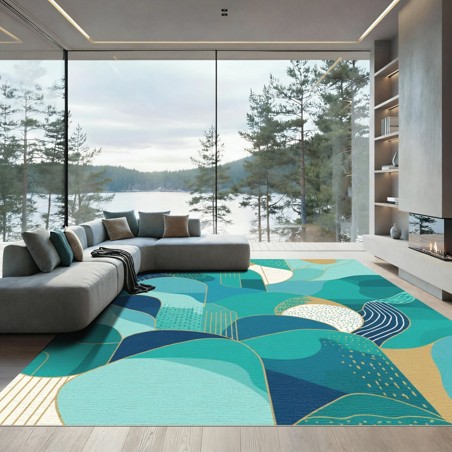 Teal Blue Golden Abstract Landscape Rug