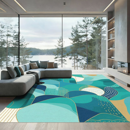 Teal Blue Golden Abstract Landscape Rug