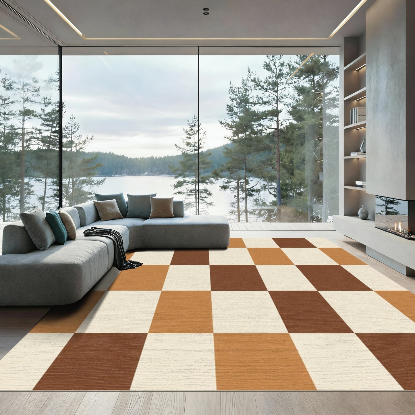 Earthy Brown Cream Checkerboard Squares Rug
