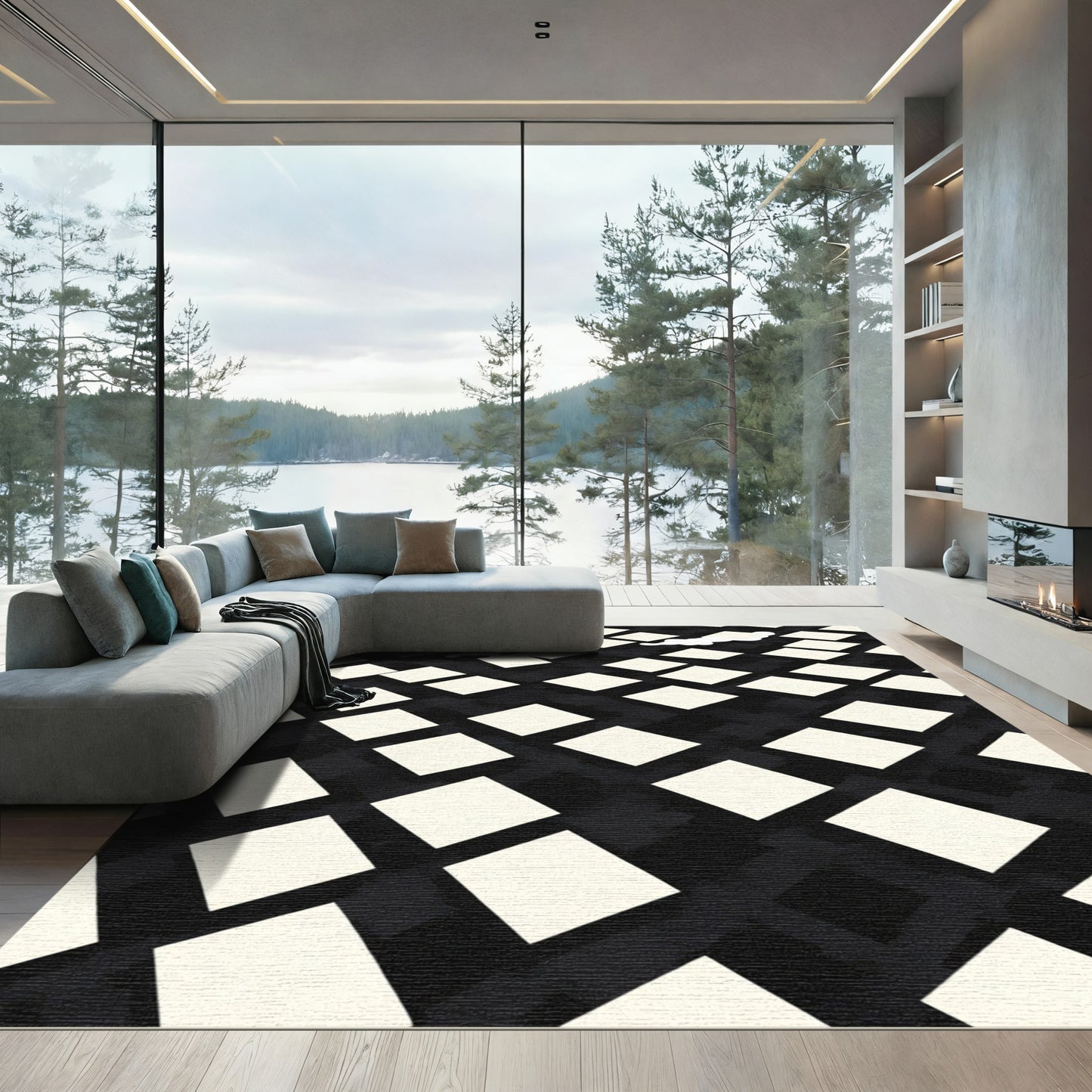 Black Cream Diamond Checkerboard Rug