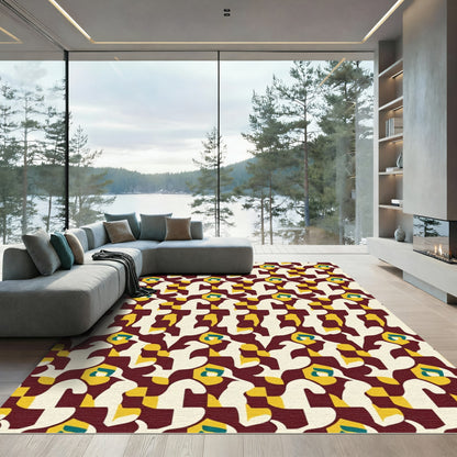 Retro Burgundy Abstract Geometric Rug