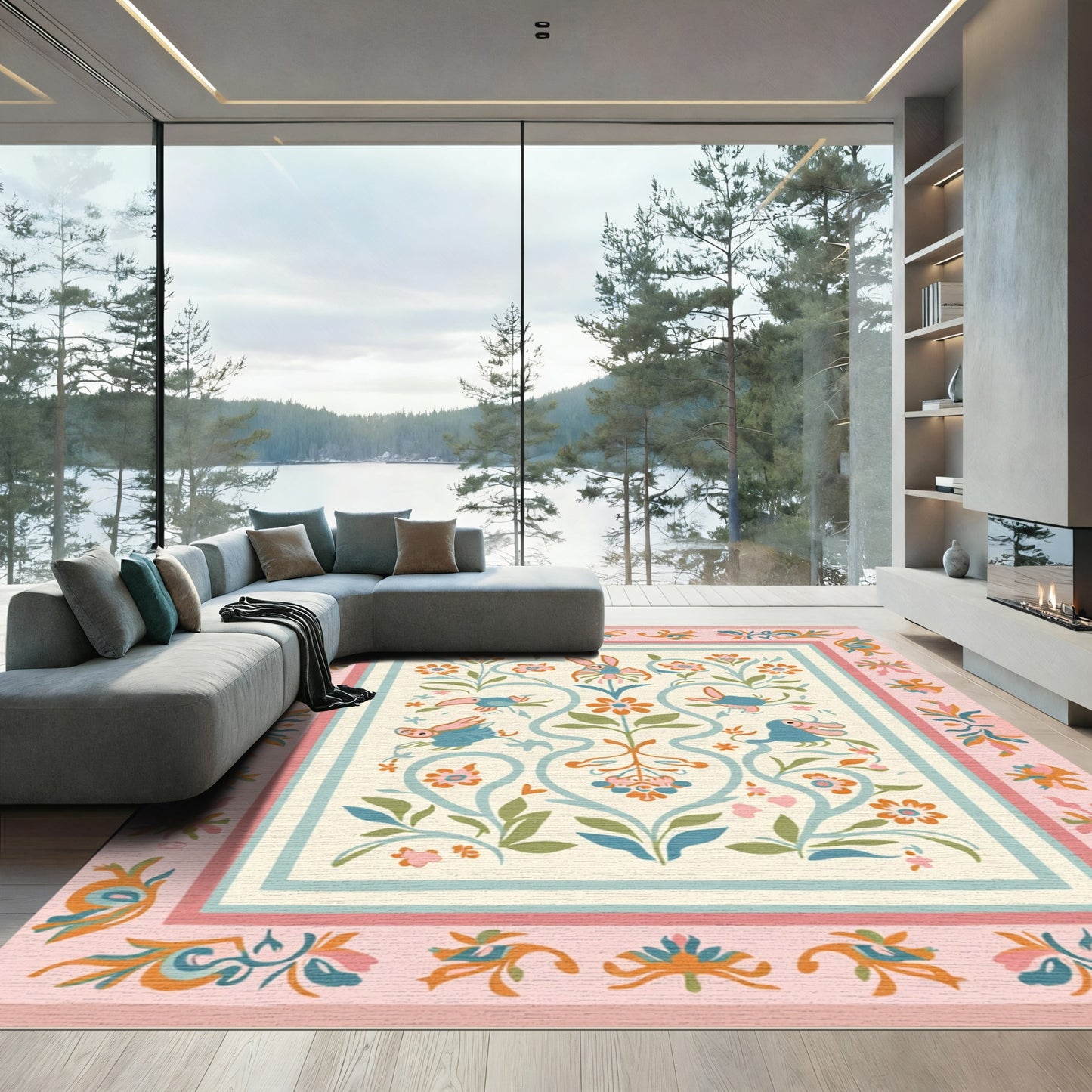 Whimsical Pink Blue Bird Floral Medallion Rug