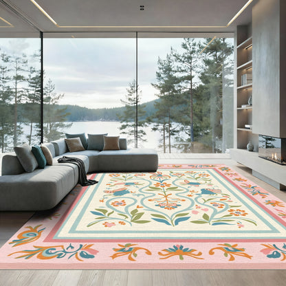 Whimsical Pink Blue Bird Floral Medallion Rug