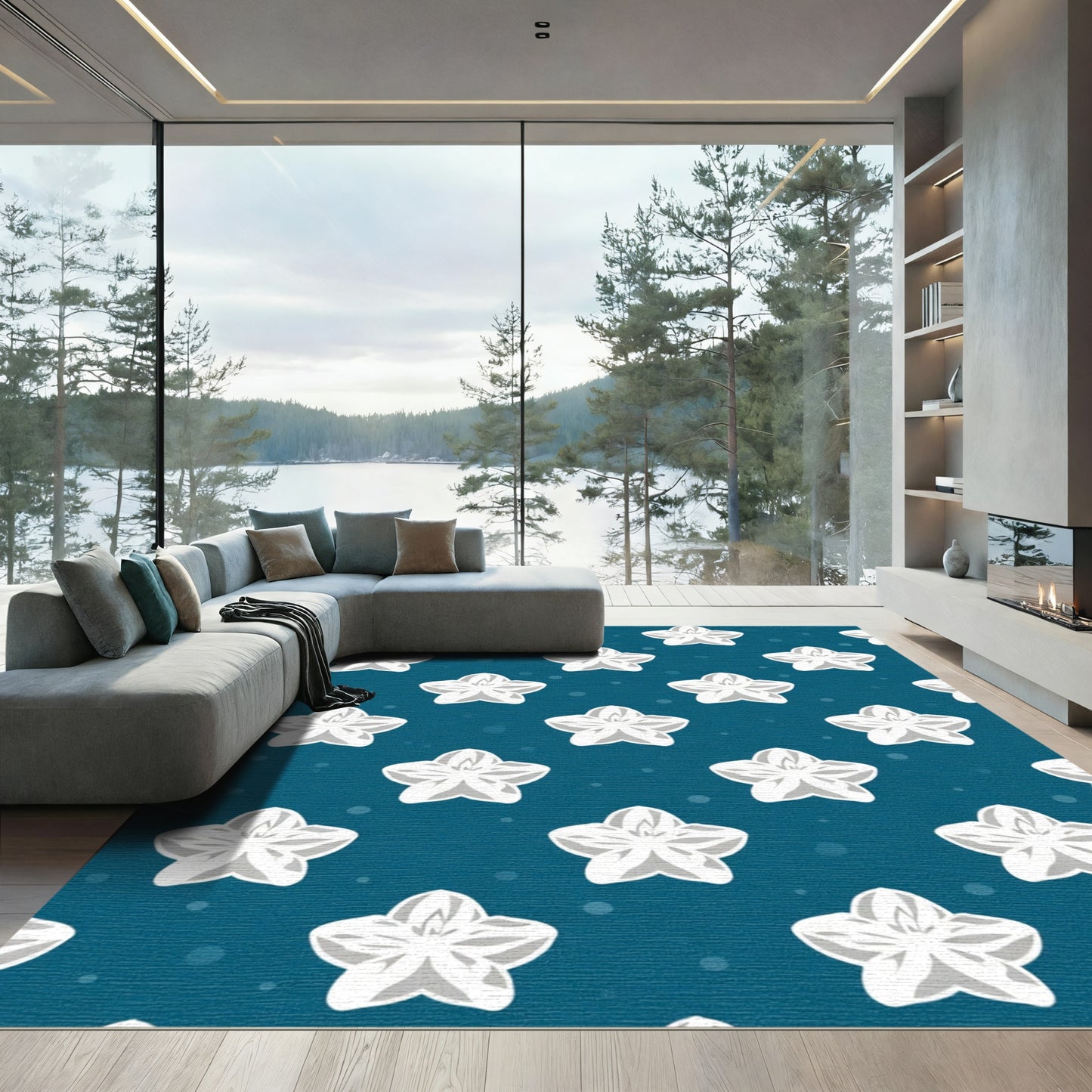 White Starflowers on Deep Blue Background Rug
