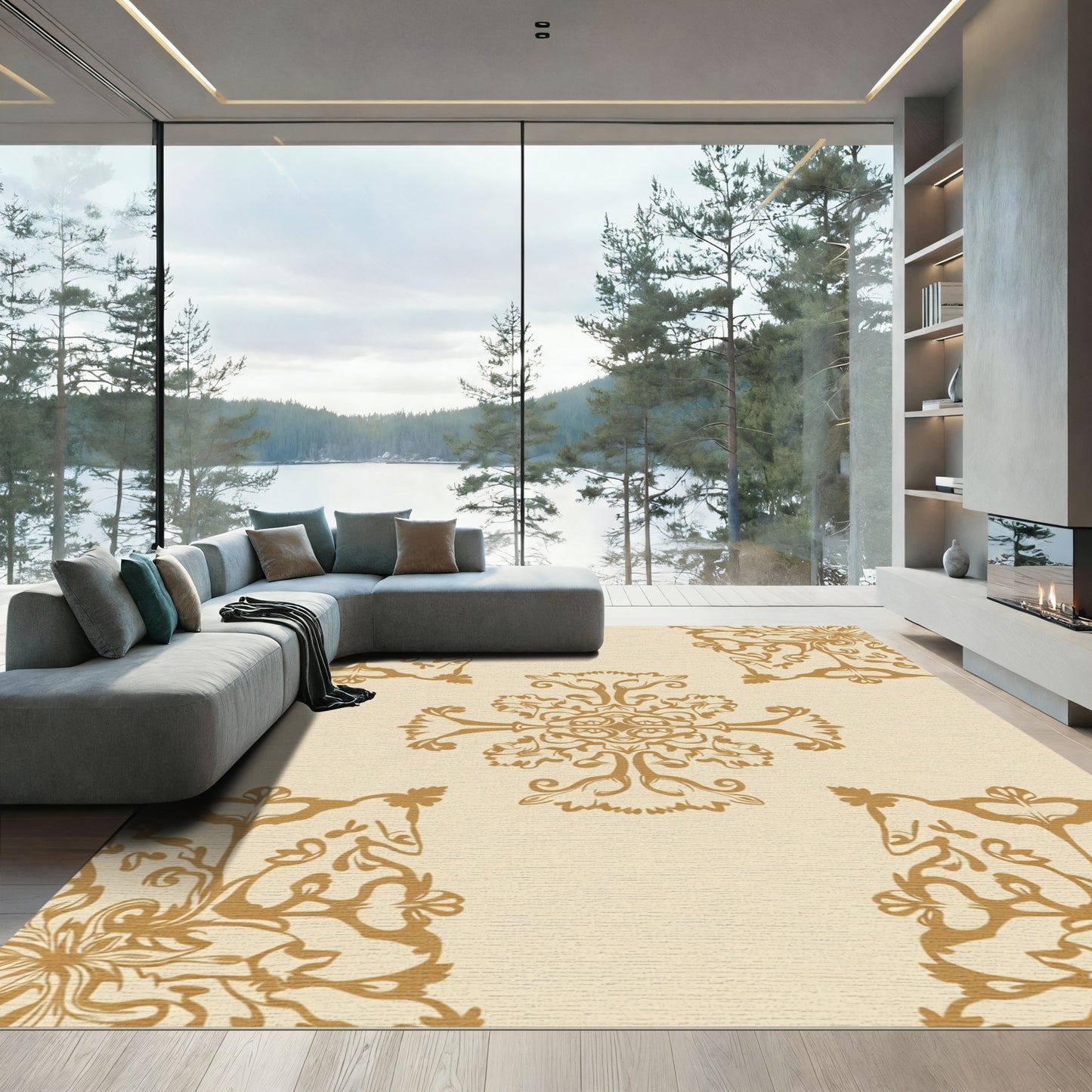 Gold Floral Ornament on Cream Rug