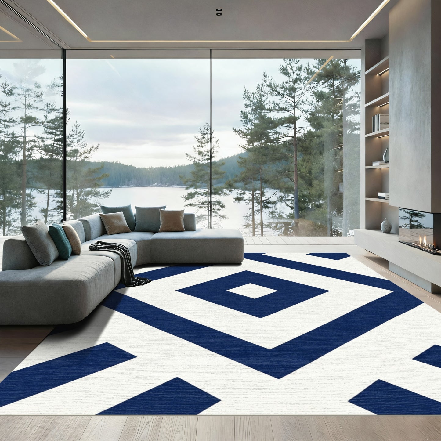 Modern Navy Diamond Geometric Rug