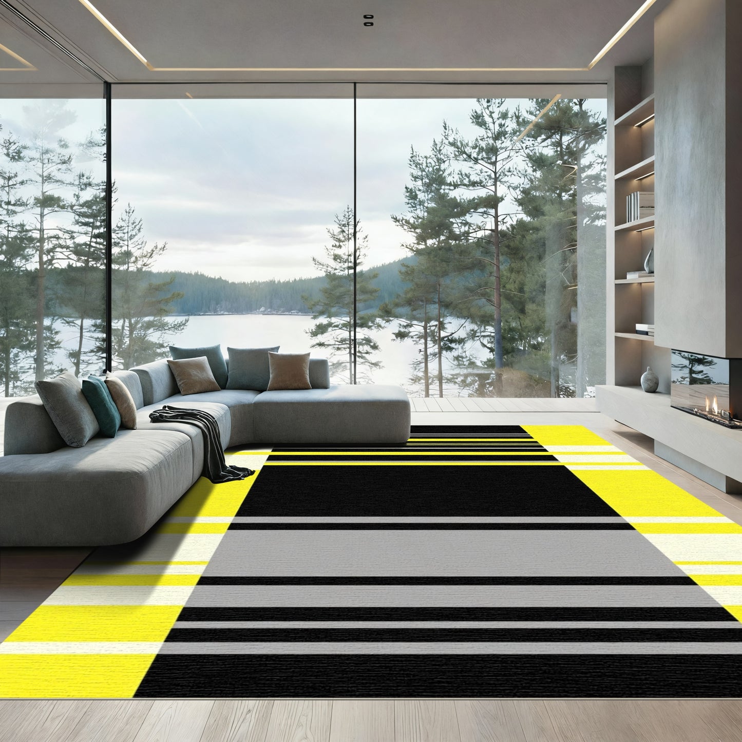 Bold Yellow Black Gray Stripe Arrangement Rug