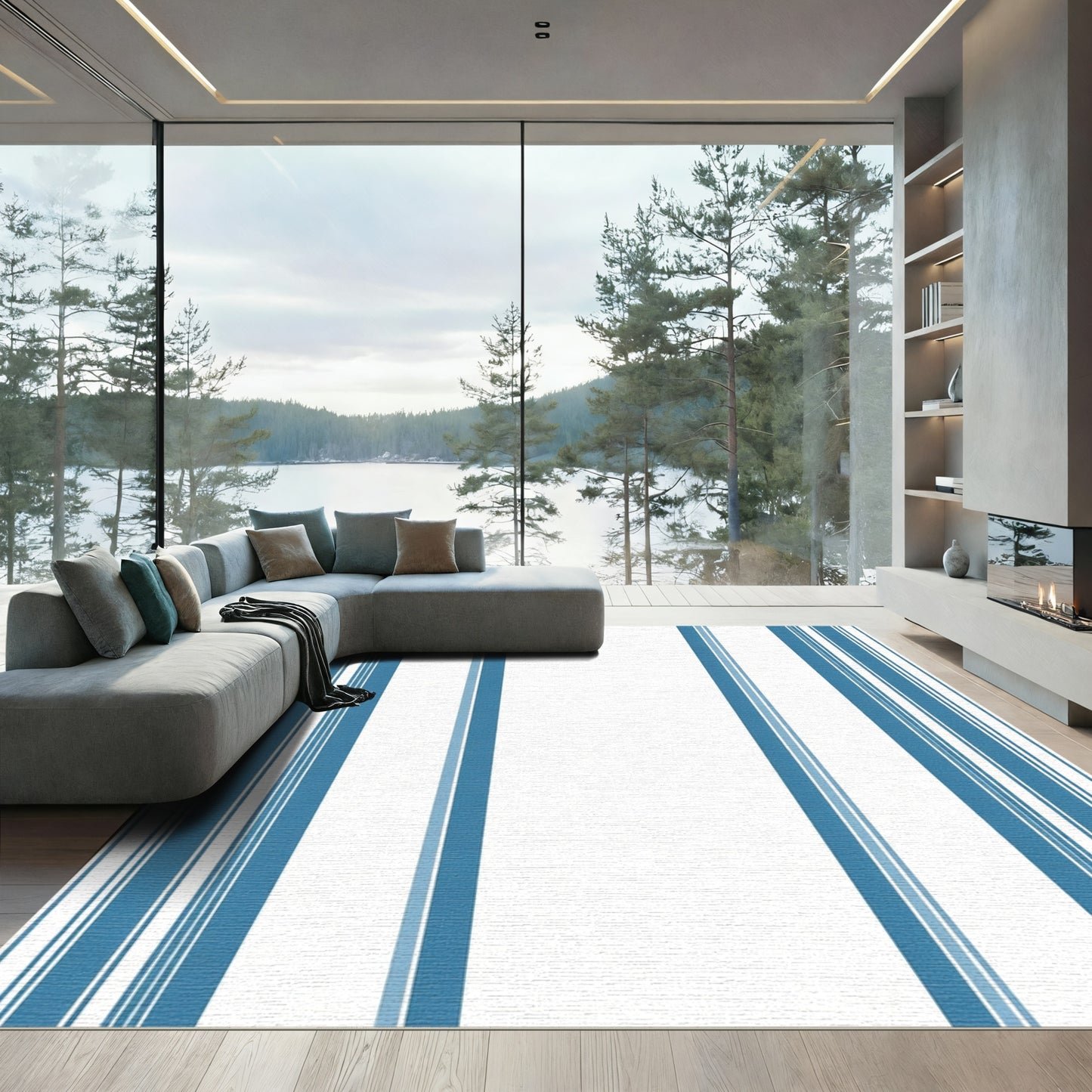 Tidewater Blue Vertical Stripe Runner Rug