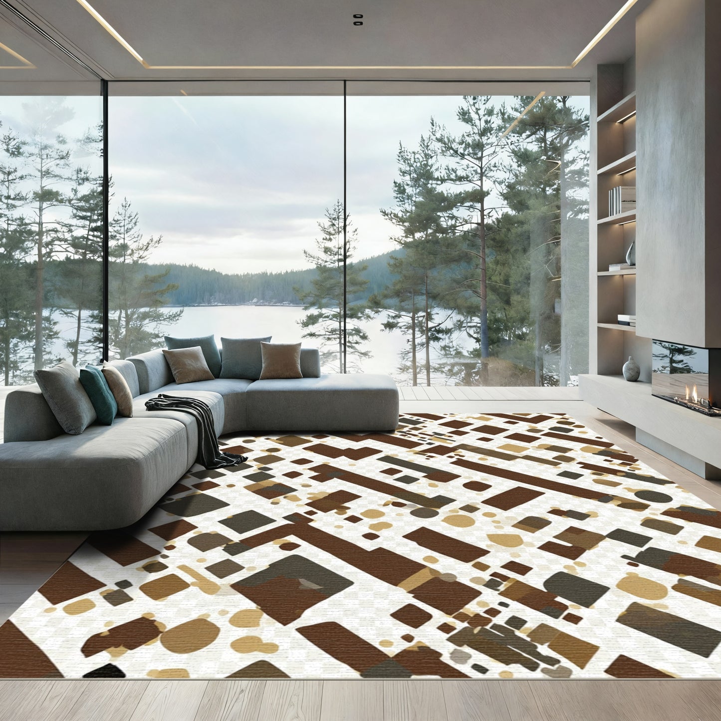 Brown Ochre Geometric Jagged Overlay Rug