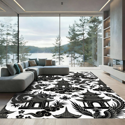 Black Chinese Pagoda Dragon Clouds Rug