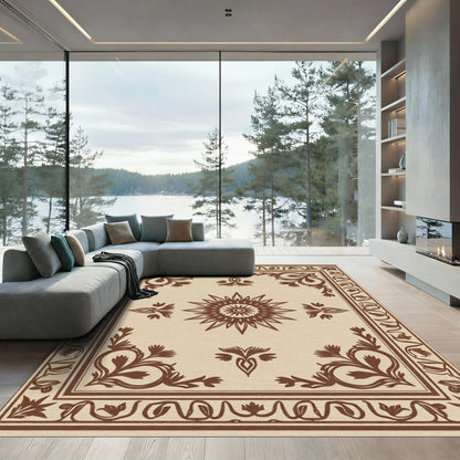 Brown Floral Sunburst Medallion Beige Rug