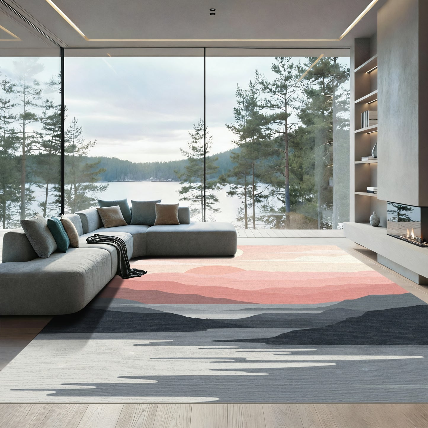 Soft Pink Mountain River Sunset Rug