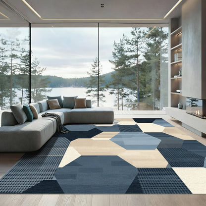 Navy Blue Geometric Hexagon Mosaic Rug