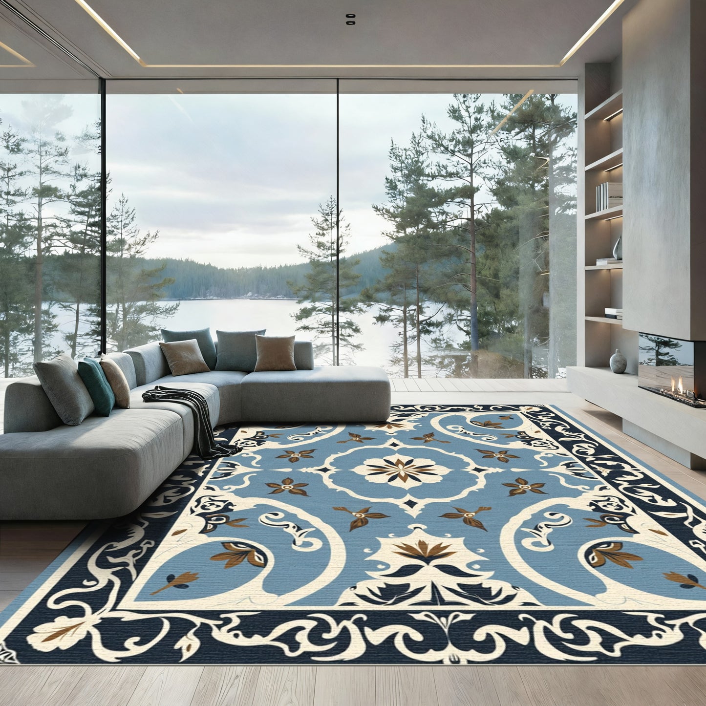 Blue Tan Ivory Ornamental Floral Rug