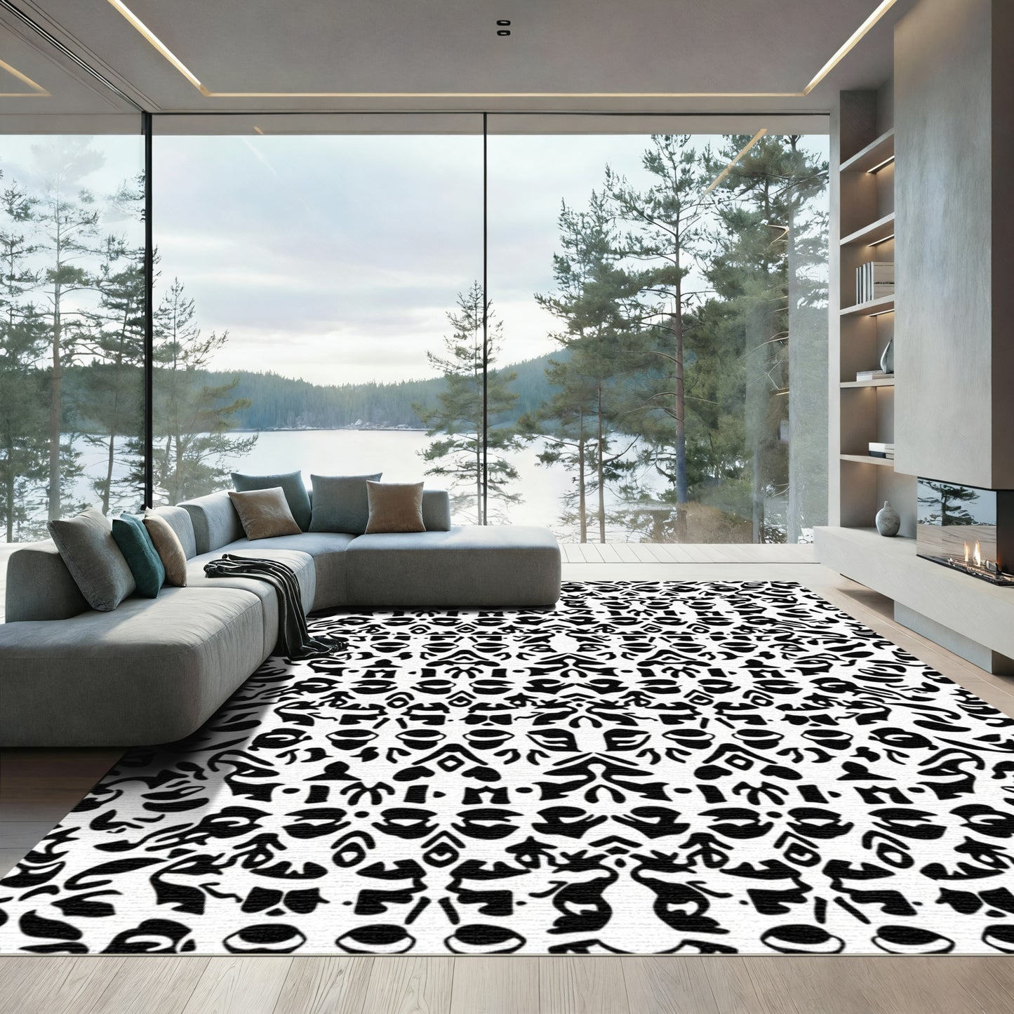 Black White Abstract Tribal Composition Rug